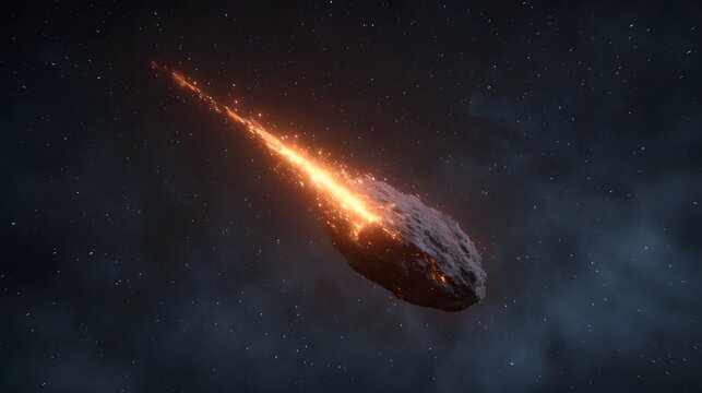 A glowing meteor burns brightly as it travels through the starry expanse of outer space