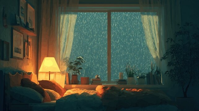 Cozy slumber in a warm room as raindrops create a soothing rhythm against a window in a serene evening setting