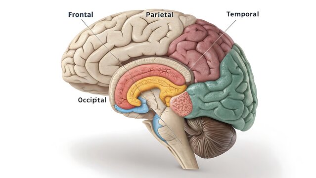 Detailed anatomical model of the human brain with labeled lobes