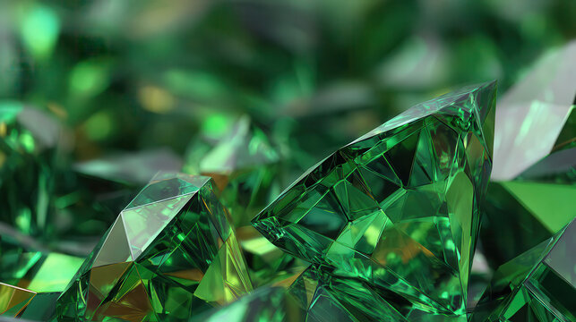 Close up of sparkling green emerald gemstones with sharp facets