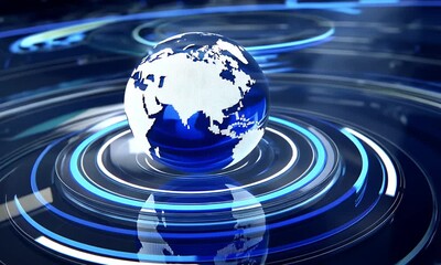 Futuristic digital globe with glowing blue concentric rings and light trails symbolizing global connectivity and modern technology in a dark abstract background - Powered by Adobe
