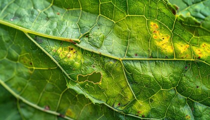 Closeup of damaged green leaf with vibrant texture and intricate veining patterns.