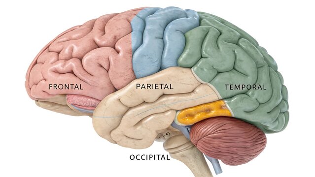 Lateral view of the human brain with lobes color coded and labeled