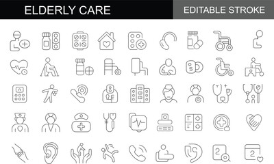 Elderly line icon set. Nursing home, hospital, medical, senior citizens. Editable stroke. Vector illustration