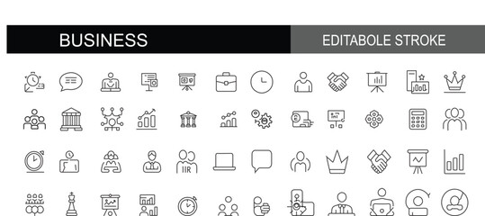 Business people icon set. Meeting, leadership, communication, cooperation. Editable stroke. Vector illustration