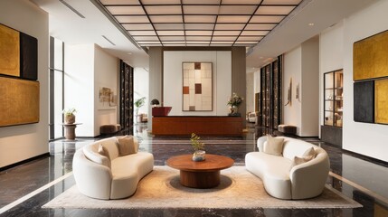 Modern hotel lobby design with stylish furniture decor
