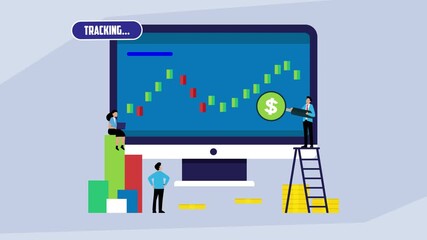 Stock market tracking and financial investment monitoring concept with business team analyzing candlestick chart on computer screen cartoon animation - Powered by Adobe