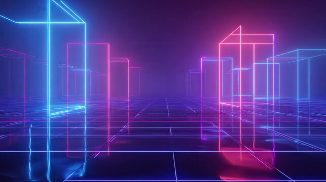 Futuristic neon cityscape with geometric structures and reflections