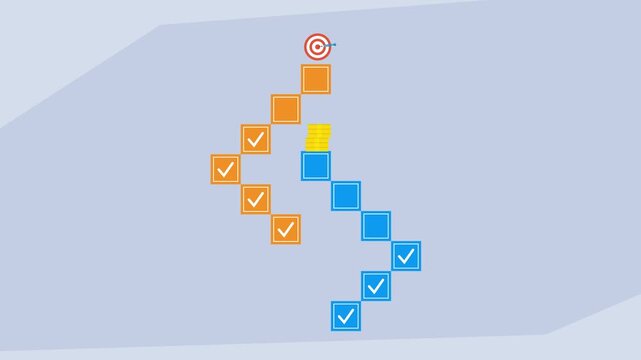 Financial success and business goals achievement steps represented by dollar sign pathway with checkpoints and target cartoon animation