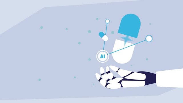 Artificial intelligence (AI) in medicine and pharmacy concept with robotic hand holding a pill capsule connected to a network cartoon animation