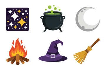 Outline color icons for spooky night, illustrating cauldron, witch hat, broom, representing fantasy and magic elements,