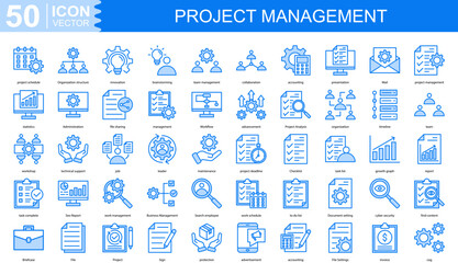 project management icon collection set. Containing project schedule, Organization structure, innovation, brainstorming, team management, collaboration, accounting icon