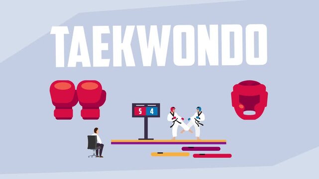 Taekwondo Sport Competition Concept with Fighters, Referee, Scoreboard, and Protective Gear cartoon animation