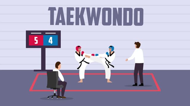 Taekwondo Fighters in a Match on a Red Mat with Scoreboard and Referee cartoon animation