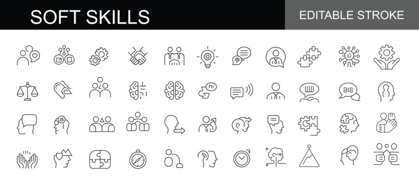 Soft skills line icon set – Includes communication, teamwork, leadership, creativity and adaptability. Editable stroke. Colored vector illustration.