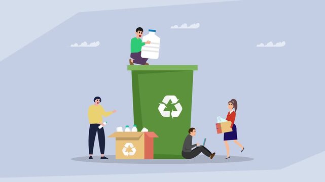 Group of People Sorting and Placing Waste into a Large Green Recycling Bin cartoon animation