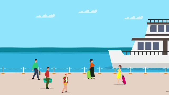Cruise Ship Docked at Port with Tourists and Travelers Boarding or Disembarking cartoon animation