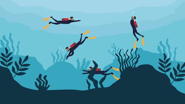 Group of Scuba Divers Exploring the Underwater World and Coral Reef cartoon animation