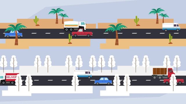 Comparison of Road Travel and Transportation in Summer Desert and Winter Snowy Landscapes cartoon animation