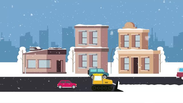 Snow Plow Clearing a Street in a Snowy Cityscape with Buildings and Cars cartoon animation