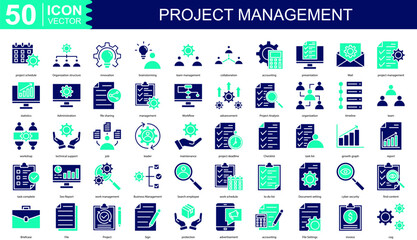 project management icon collection set. Containing project schedule, Organization structure, innovation, brainstorming, team management, collaboration, accounting icon