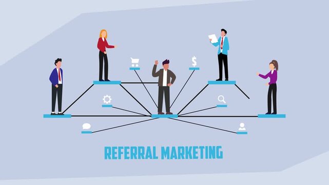 Referral Marketing Strategy Concept Showing Network of Business People and Icons cartoon animation