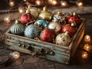 Vintage Christmas ornaments carefully arranged in a rustic wooden box, warm cozy lighting, nostalgic holiday atmosphere.
