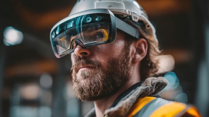 Engineer immersed in virtual reality headset during construction project exploration at a modern site in the afternoon light