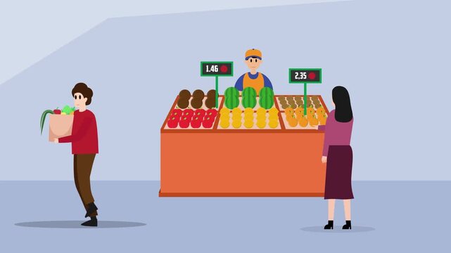 Customers Shopping for Fresh Produce at an Outdoor Market Stall with Prices cartoon animation