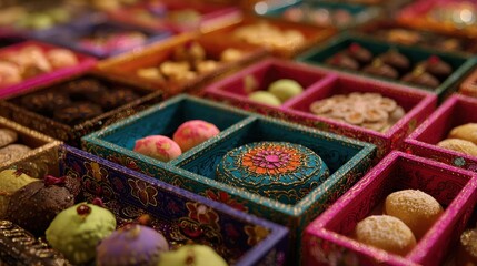 Fototapeta premium Explore vibrant colors and intricate details of mixed sweets displayed in beautifully designed boxes at a bustling market