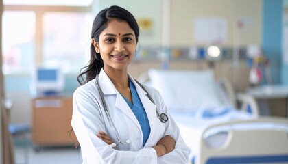 Confident Indian Female Doctor Smiling in Hospital Room with Healthcare Professional.