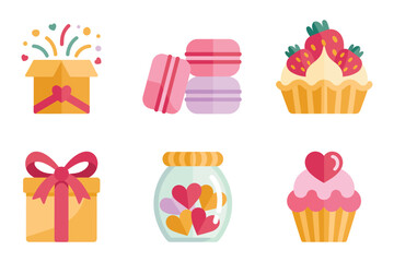 Flat vector icons for sweets, featuring macaron, cupcake, jar, representing tasty food and festive party desserts,