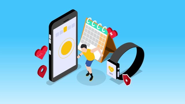 Isometric Health and Fitness Tracking with Runner, Smartwatch, Mobile App, and Workout Calendar 3d animation cartoon