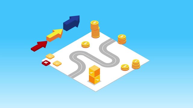 Isometric Roadmap, Navigation, and Financial Planning Concept with Checkpoints and Currency Stacks 3d animation cartoon