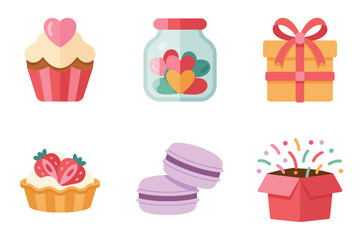 Flat vector icons for Valentine's treats, featuring cupcakes, macarons, gifts, representing sweet food and presents,