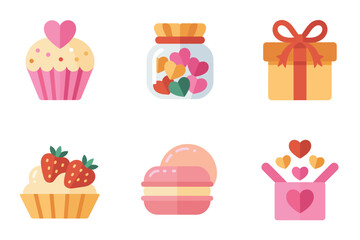 Outline color icons for romantic treats, illustrating cupcakes, macarons, gifts, representing sweet celebration and holiday,