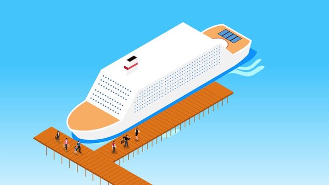 Isometric Cruise Ship or Ferry Docked at a Wooden Pier with Passengers Boarding or Disembarking 3d animation cartoon