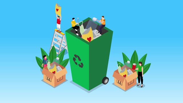 Isometric Community and People Sorting and Recycling Trash into a Large Green Bin 3d animation cartoon