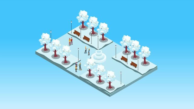 Isometric Winter Park Scene with Snow-Covered Trees, Fountain, and People Walking 3d animation cartoon