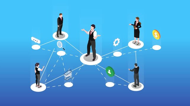 Isometric Business People Connected in a Network Graph Representing Communication, Collaboration, and Global Teamwork 3d animation cartoon