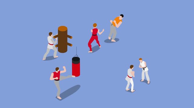 Isometric Martial Arts Training Session with People Practicing Karate, Kickboxing, and Self-Defense Techniques 3d animation cartoon