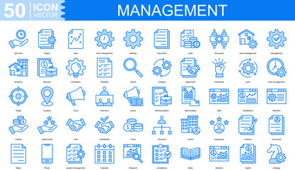 management icon collection set. Containing Project, plan, time management, Settings, Document, asset, discussion icon