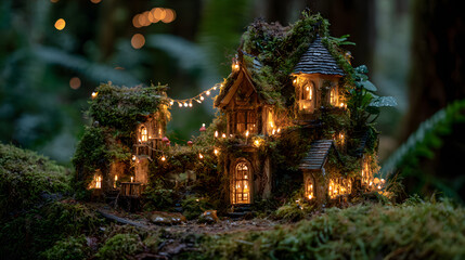 Fototapeta premium Whimsical fairy house nestled in a magical forest, glowing lights, intricate details, moss-covered roofs, enchanting fantasy atmosphere.