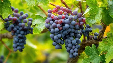 Ripe purple grapes hanging on the vine in a vineyard
