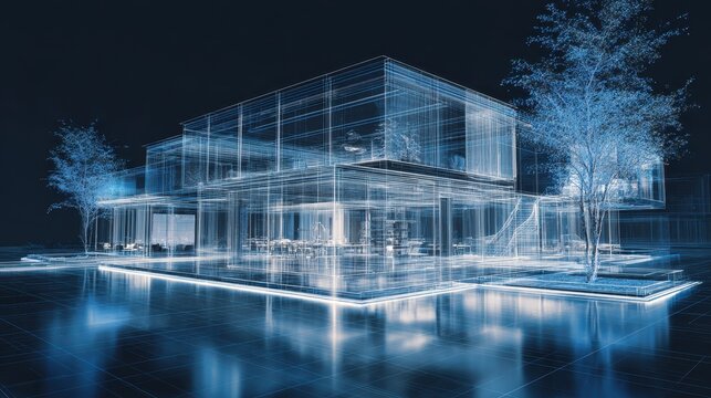 Modern architecture hologram simulation showcasing a wireframe design with illuminated structures and a futuristic aesthetic at night