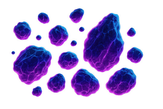 Cosmic purple and blue glowing asteroids or meteoroids flying in deep space, digital art, transparent background