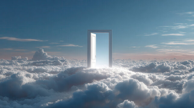 A glowing portal opens in the clouds above a serene sky