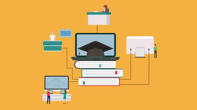 Online Education and E-Learning Network with Students Connecting to a Graduation Cap on a Stack of Books via Computers cartoon animation