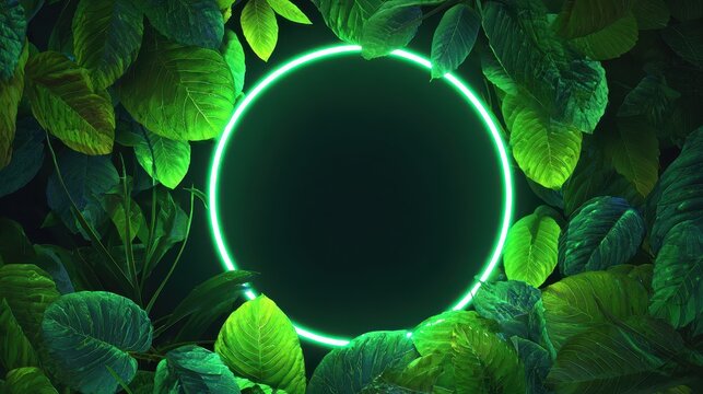 Bright green neon circle surrounded by lush tropical leaves creates an eye-catching focal point in a vibrant nature setting