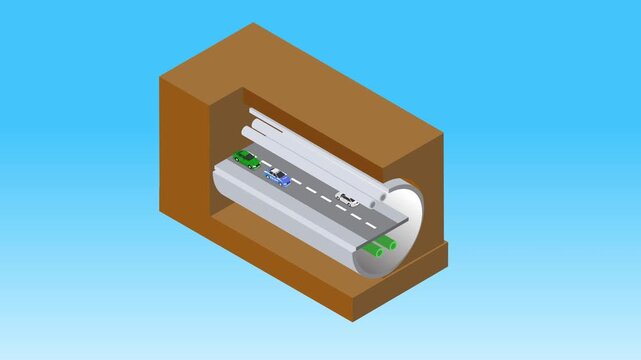 Isometric View of an Underground Highway Tunnel with Cars, Pipes, and Infrastructure, Representing Modern Engineering 3d animation cartoon